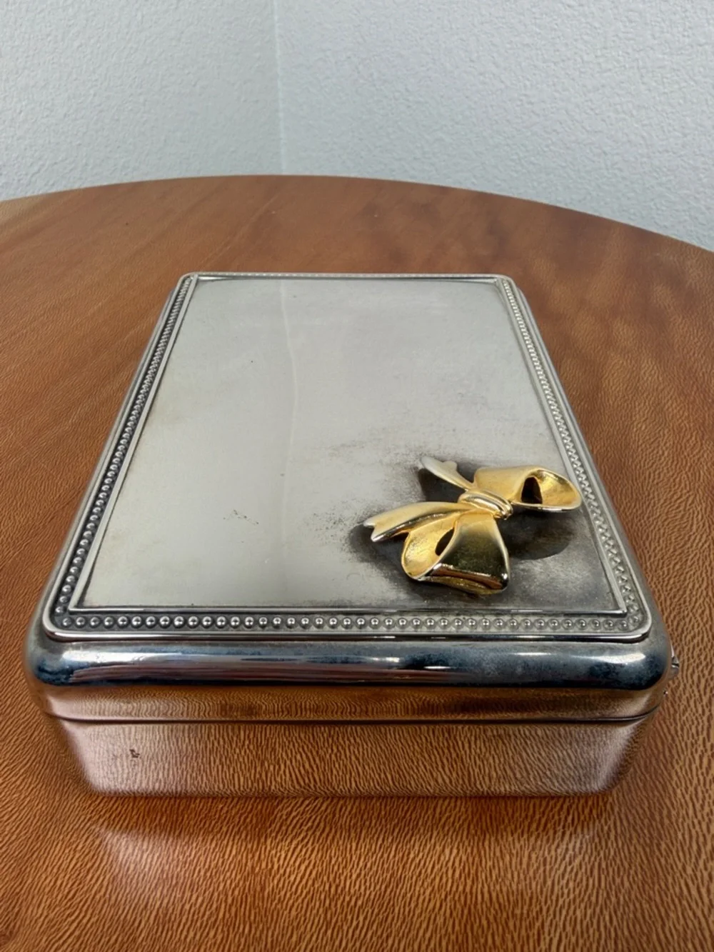 Vintage Silver Plated Jewelry Box w/ Gold Colored Bow Blue Velvet Lined